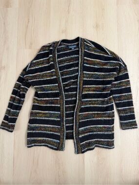 Modcloth Black soft and Fuzzy Open-Front Cardigan with Multicolor Stripes